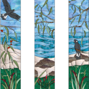three drawings of glass panels with cockatoos and fauna