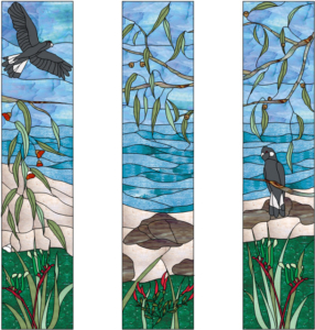 three drawings of glass panels with cockatoos and fauna