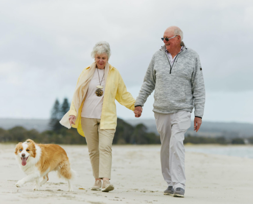 older couple walking dog on beach